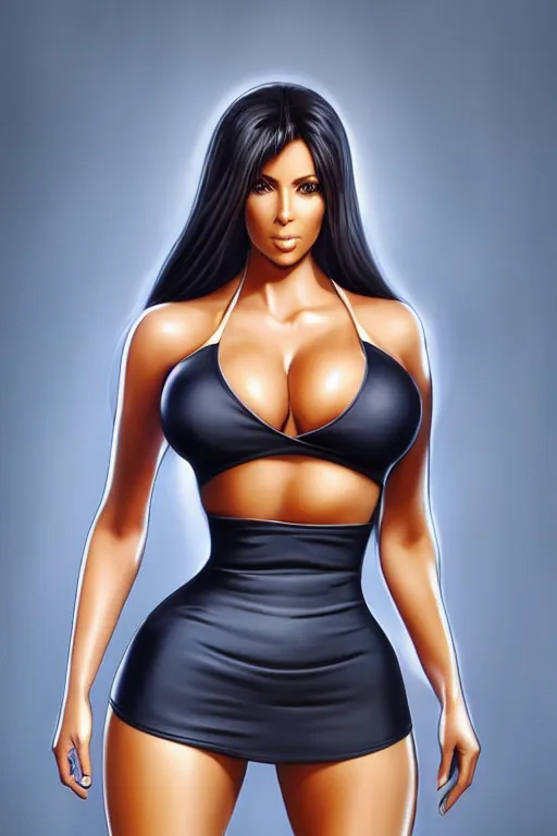 Image similar to photorealistic 3 d render of kim kardashion as an impossibly curvy anime girl wearing a gym outfit, by artgerm and earl norem, featured on pixiv, booru, exaggerated proportions, high resolution digital art, 4 k, beautiful symmetric face, subsurface scattering, volumetric lighting, realistic skin texture