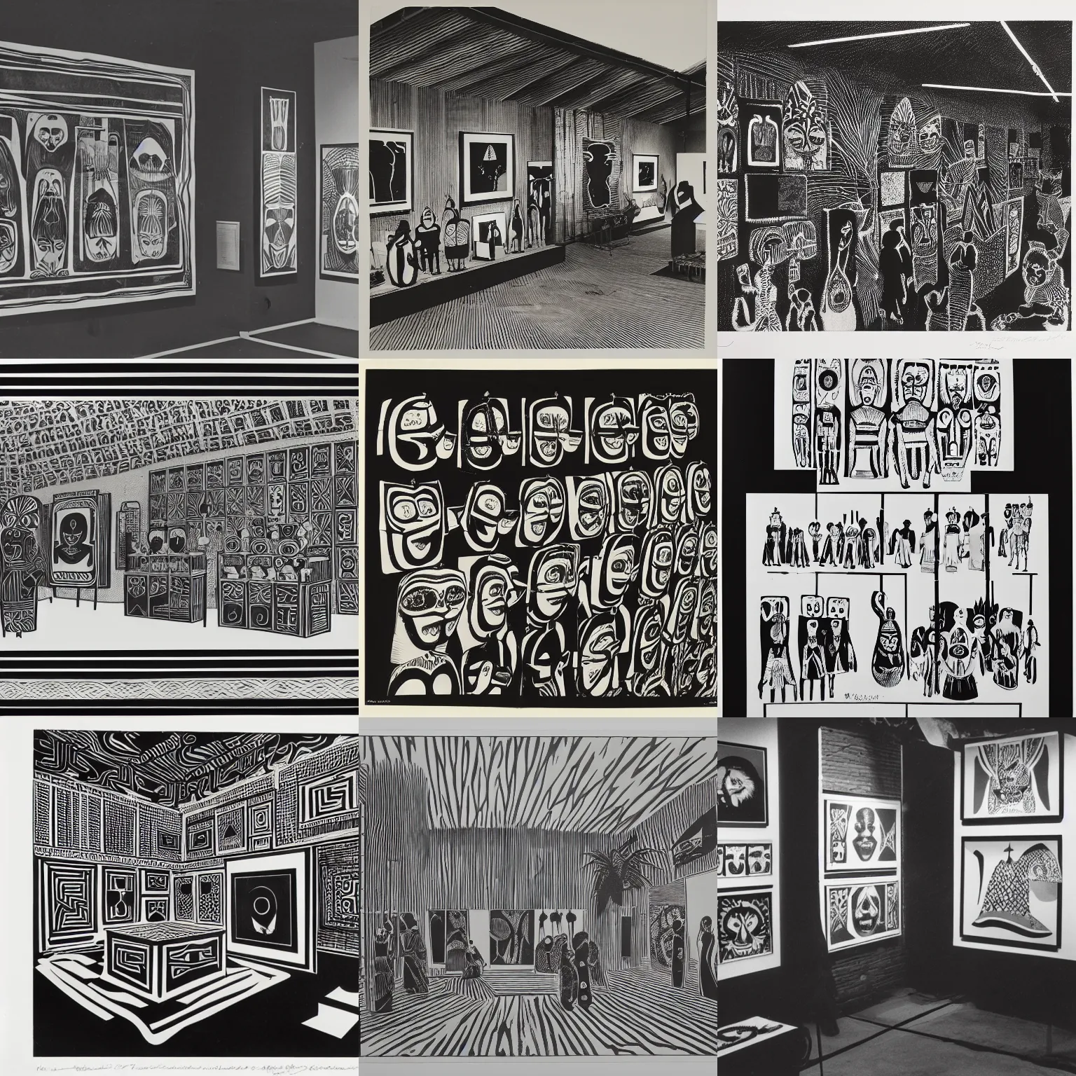 Image similar to A black and white screen print of gallery exhibition view from the 60s, anthropology, colonial, wild, exotic, masks, ethnography, screen printing