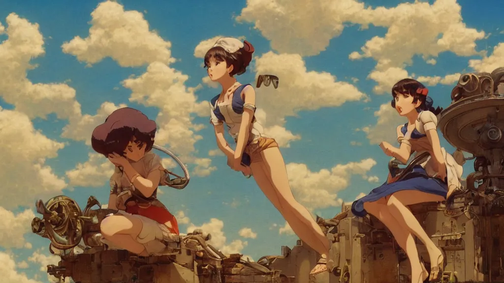 Image similar to a film still of a 1 9 5 0's mechanic anime girl sitting on top of flying ufo, finely detailed features, full body mid shot, detailed smooth face, perfect art,, trending on pixiv fanbox, painted by gaston bussiere, makoto shinkai, akihiko yoshida, gaston bussiere, craig mullins, studio ghibli