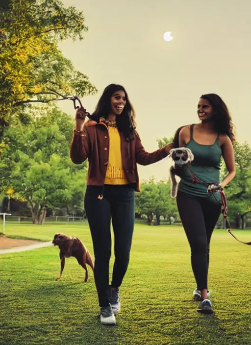 Image similar to young brown woman walking her dog in a park at night with a full moon