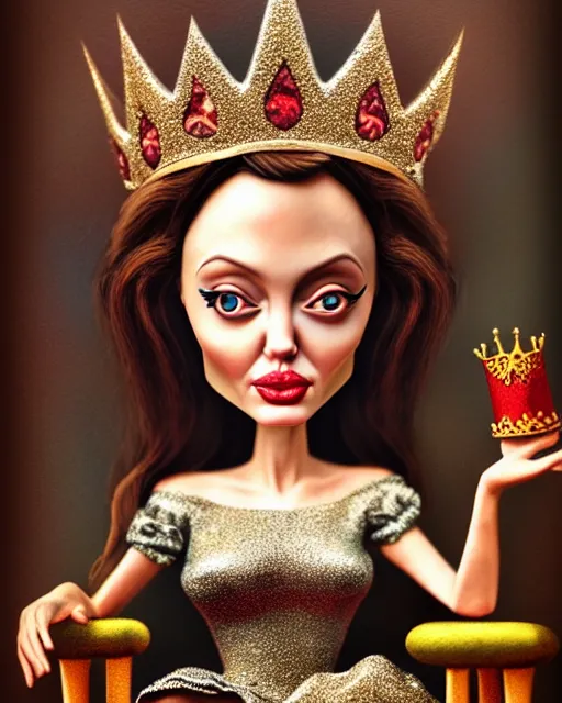 Image similar to closeup profile portrait of a tin toy angelina jolie as a fairytale princess wearing a crown and sitting on a throne, bikini, hyper realistic, artstation, illustration, nicoletta ceccoli, mark ryden, lostfish, max fleischer, digital paint, matte paint, vivid colors, bright, cheerful, detailed and intricate environment