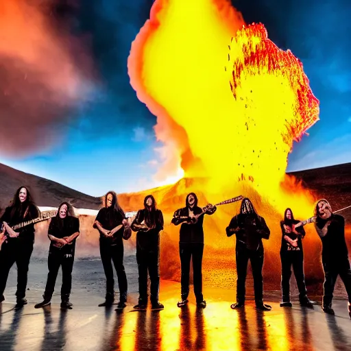 Prompt: hd photo wide shot of a metal band playing in front of an icelandic volcano as it slowly erupts and pools behind them, bassist has a blue guitar, perfect lighting, text saying Halveksia is on an amp