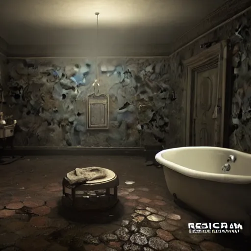 Image similar to bathroom of a dark mansion, objects from ritual in the ground, realistic, highly detailed, hd, unreal engine, background of resident evil game