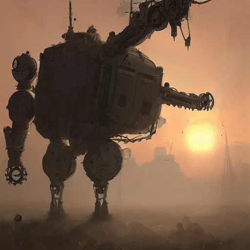 Prompt: gigantic steampunk mecha walking, dense fog,, sunset, trending on artstation, jakub rozalski