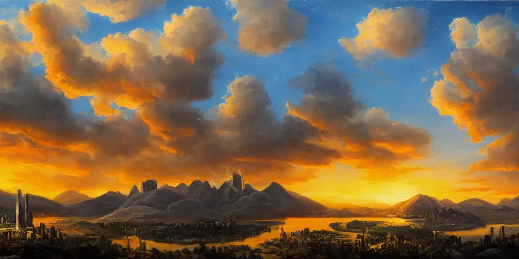 Image similar to a landscape with a futuristic city and spaceship flying in the sky, mountains, a lake and clouds in background at sunset, oil painting