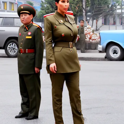 Image similar to professional photograph of kim kardashian wearing a north korean military dress uniform and standing in a busy street in pyongyang, 8 k, very detailed, very intricate,