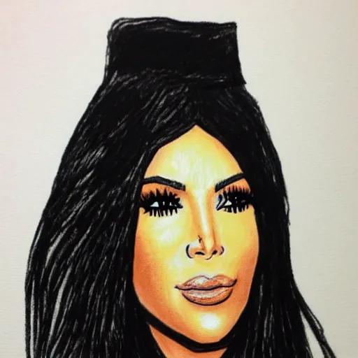 Prompt: Kim Kardashian, poorly drawn in wax crayon by a five-year old