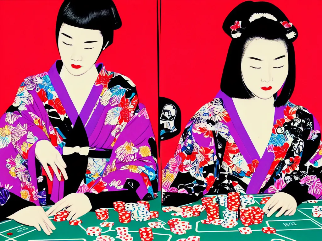 Image similar to hyperrealistim composition of the detailed single woman in a japanese kimono sitting at a extremely detailed poker table with darth vader, fireworks, river on the background, pop - art style, jacky tsai style, andy warhol style, acrylic on canvas