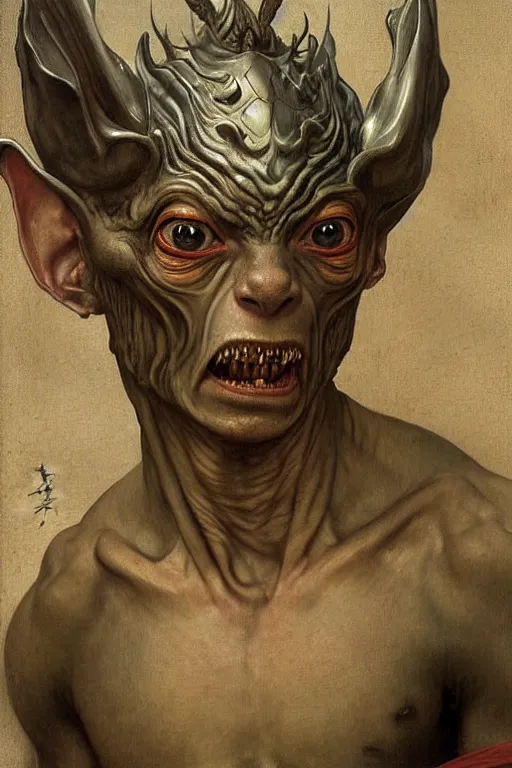 Prompt: portrait of a gollum is a chinese dragon in armor and helmet, majestic, solemn, symmetrical, detailed intricate, hyper realistic, by bouguereau