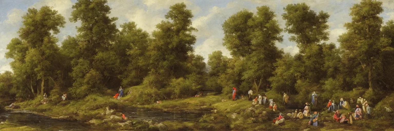 Prompt: a group of peasants near a stream, forest