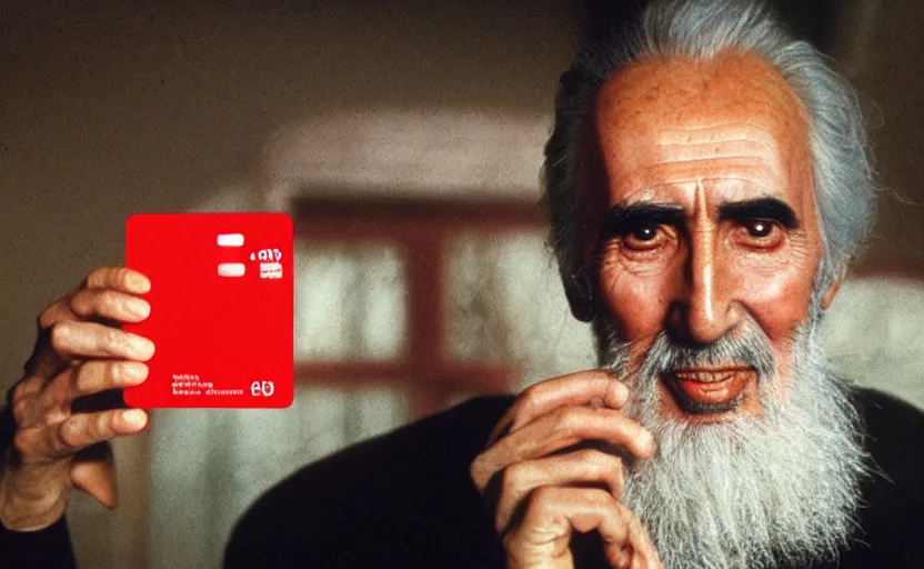 Image similar to movie still close-up portrait of Christopher Lee as a Victorian inventor proudly holding a small red plastic card with see-through holes punched in it, by David Bailey, Cinestill 800t 50mm eastmancolor, heavy grainy picture, very detailed, high quality, 4k, HD criterion, precise texture and facial expression