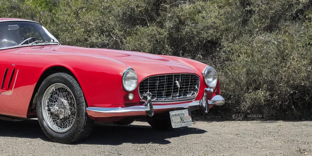Image similar to photograph, 1958 FERRARI 250 GT, by Peter Singhof, press release, cinematic, malibu canyon, 8k, depth of field, bokeh. rule of thirds