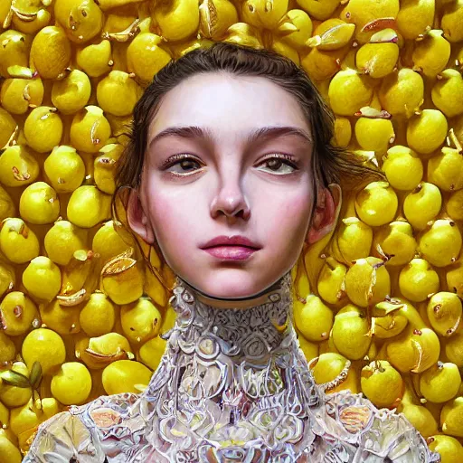 Image similar to the portrait of an absurdly beautiful, graceful, elegant, sophisticated, young teen girl made up of lemons looking up, an ultrafine hyperdetailed illustration by kim jung gi, irakli nadar, intricate linework, bright colors, octopath traveler, final fantasy, unreal engine 5 highly rendered, global illumination, radiant light, detailed and intricate environment