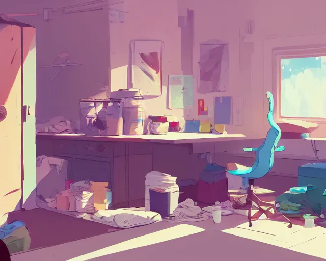 Image similar to an untidy room with laundry on the floor, detailed, by cory loftis, james gilleard, atey ghailan, makoto shinkai, goro fujita, studio ghibli, plain background