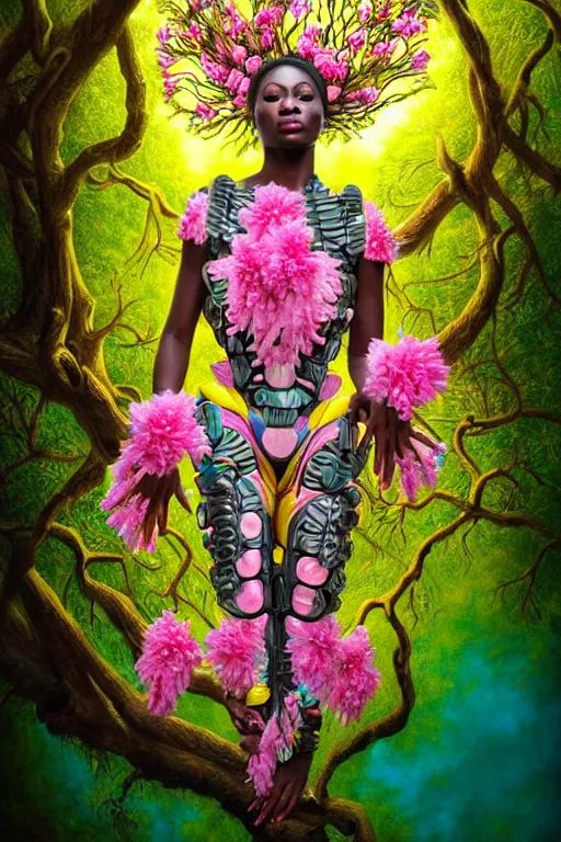 Image similar to high quality photo neo - rococo cinematic super expressive! yoruba goddess with exoskeleton armor, merging with tree in a forest, pink yellow flowers, highly detailed digital art masterpiece, smooth etienne sandorfi eric zener dramatic pearlescent soft teal light, ground angle hd 8 k, sharp focus