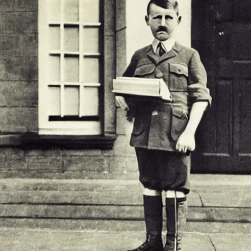 Image similar to full length photo of a child adolf hitler standing carrying school books, hitler moustache, digital art, full color