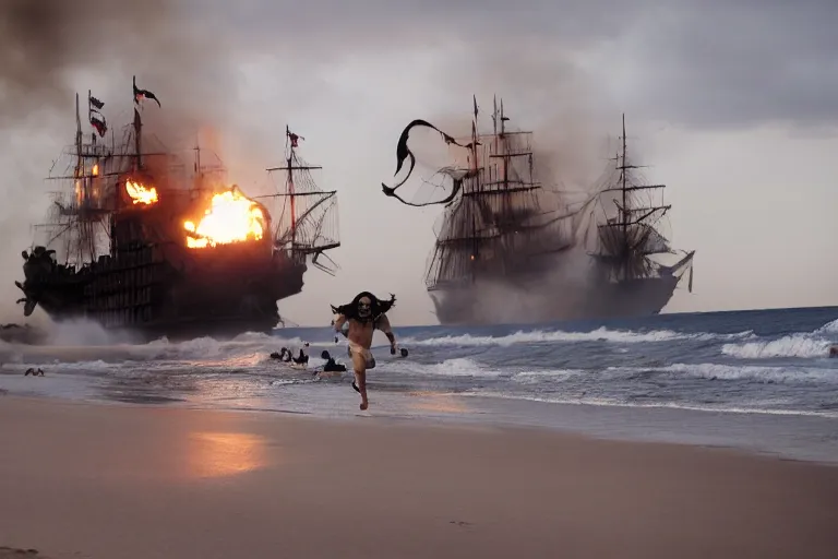 Prompt: portrait pirate crew running down beach as pirate ship fires canons, sand explosion 8 5 mm by emmanuel lubezki