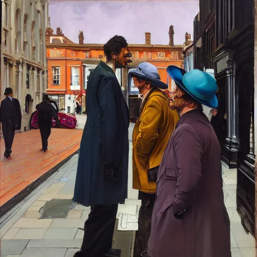 Image similar to high quality high detail painting of two men talking in the city streets of london by lucian freud and edward hopper and jenny saville and francis bacon and norman rockwell and malcom liepke and nicola samori, hd, turquoise and purple and orange and pink, dark atmosphere