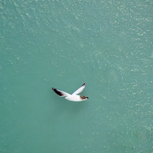 Image similar to simmetrical photo of a seagull flying seen exactly from above. Watching down. Seagull seen from above. 4k still award winning. Pleasant look and colors. Sea on the background.