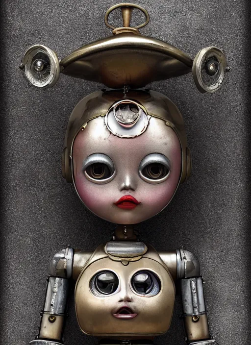 Prompt: closeup portrait of tin toy robot girl trap, depth of field, zeiss lens, detailed, symmetrical, centered, fashion photoshoot, by nicoletta ceccoli, mark ryden, lostfish, breathtaking, 8 k resolution, extremely detailed, beautiful, establishing shot, artistic, hyperrealistic, octane render