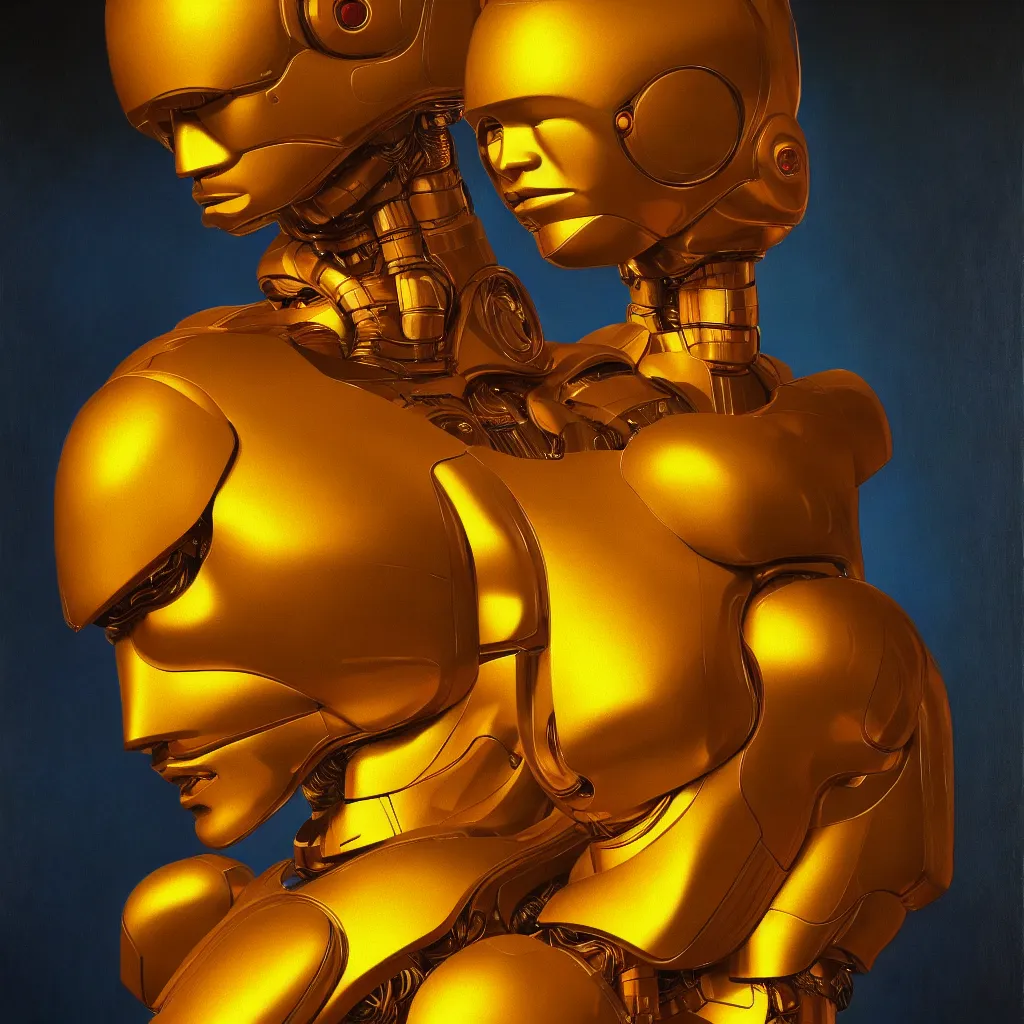Image similar to cinematic bust portrait of psychedelic god robot from left, head and chest only, robotic improvements, part of Moebius, part of maxfield parrish, part of Thomas Ehretsmann,, oil on canvas, masterpiece, trending on artstation, cinematic composition, dramatic pose, beautiful lighting, sharp, details, hyper-detailed, volumetric lighting 4K