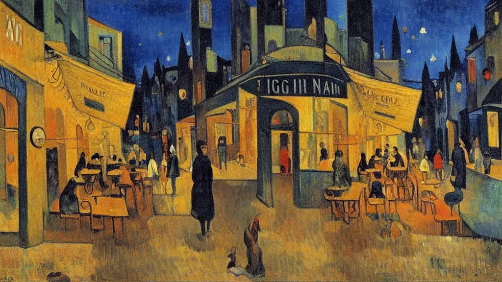 Prompt: oil on canvas of night cafe at arles, laid - back atmosphere, detailed, cinematic, by aul gauguin