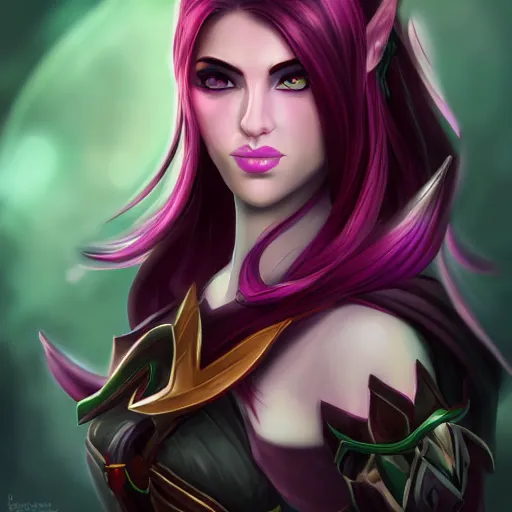 Prompt: portrait of a female high elf with magenta eyes and dark hair, in the style of league of legends digital art trending on art station 8 k