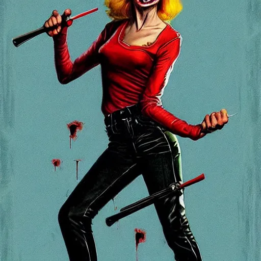 Prompt: Rafael Albuquerque art, Norman Rockwell, pretty female Margot Robbie, vampire, sharp teeth, evil smile, leather jacket, jeans, long blonde hair, full body, holding HK pistol in hand, hands with five fingers, realistic hands