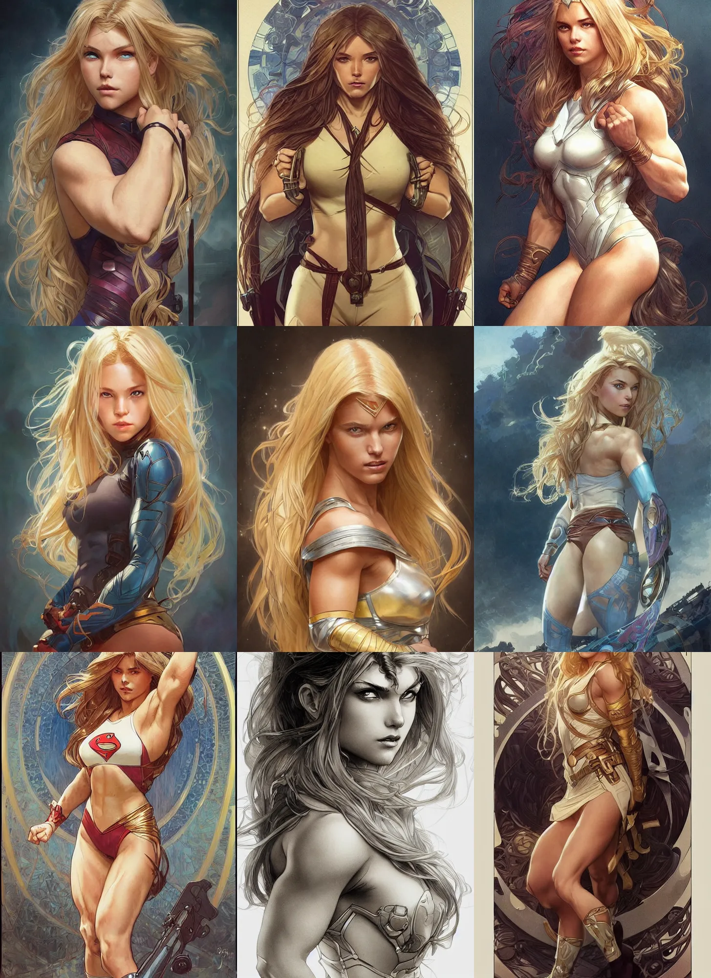 Prompt: a very muscled and young superhero girl with a focused face and extremely long blonde wavy hair, intricate detailed face, artgerm, greg rutkowski, alphonse mucha