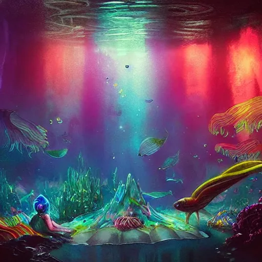 Image similar to a beautiful and vivid and colorful Grzegorz greg rutkowski watercolor and matte painting of an underwater discotheque with a disco ball and mermaids and fish and a colorful rainbow seaweed forest. trending on ArtStation