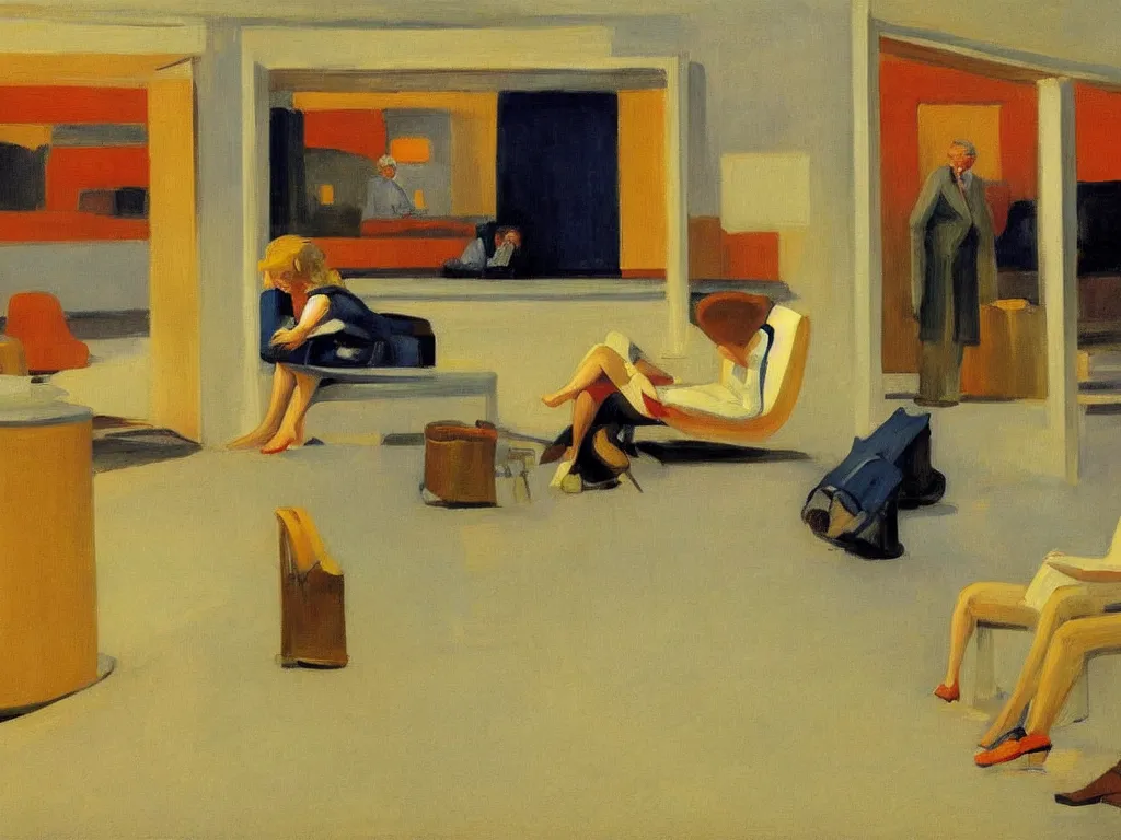 Image similar to sun setting in a airport lounge. tall, spacious, blonde woman watching landed airplane on the runway. painting by edward hopper