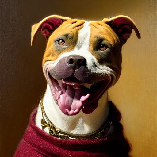 Image similar to a portrait of a female pit bull wearing a sweater and smiling at the viewer. highly detailed painting by gaston bussiere, craig mullins, j. c. leyendecker 8 k