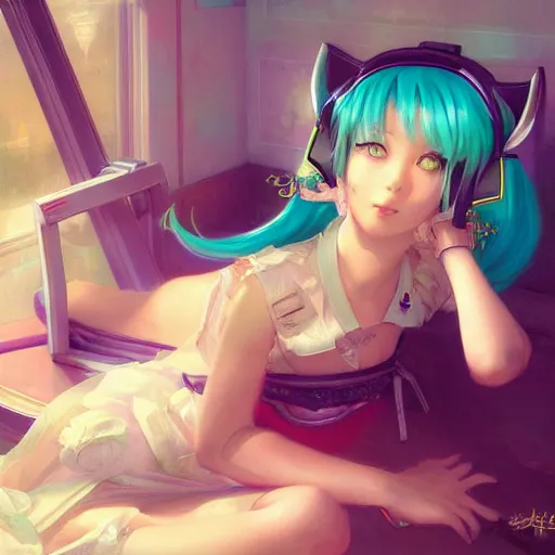 Image similar to hatsune miku, vaporwave, bedroom, highly detailed, digital painting, artstation, concept art, smooth, sharp focus, illustration, art by artgerm and greg rutkowski and alphonse mucha