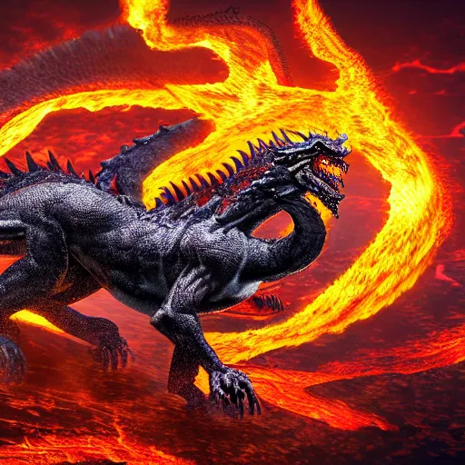 Prompt: photoshop of a mythological western fantasy dragon animal bathing in lava, cryptid, unexplained phenomena, drone photography