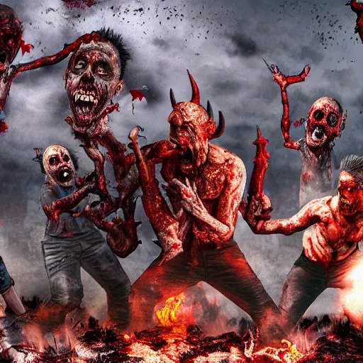 Prompt: Devil fighting with zombies, hyper realistic, higly detailed,