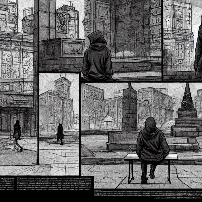 Image similar to storyboard : sadie sink in hoodie sat down on bench in ruined square, pedestrians walk by, soviet monument and propaganda posters. scifi cyberpunk. by gabriel hardman. cinematic atmosphere, detailed and intricate, perfect anatomy