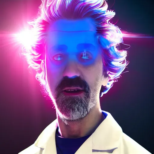 Image similar to portrait of rick sanchez, lab coat and tee shirt, lens flare, atmosphere, glow, detailed, intricate, full of colour, cinematic lighting, 4 k, hyperrealistic, focused, extreme details, cinematic, masterpiece