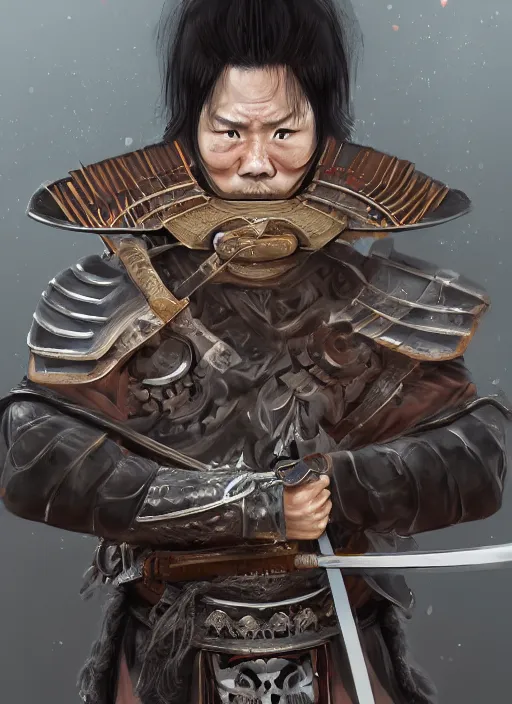 Prompt: full portrait of crying japanese samurai holding a katana and a shield by wlop, katana, shield, black japanese heavy armor, o - yoroi, crying, pain, sorrow, wailing, detailed, realistic, anatomically accurate, fantasy illustration, artstation, wlop, 4 k.