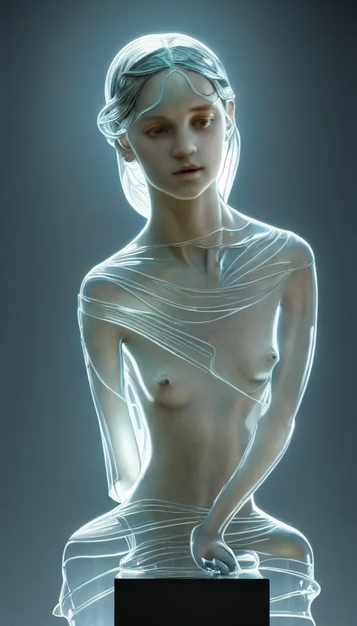 Prompt: transparent glass girl, statue made of glass, daylight, backlit, diffuse lighting, fantasy, intricate, elegant, highly detailed, lifelike, photorealistic, digital painting, artstation, illustration, concept art, smooth, sharp focus, art by john collier and albert aublet and krenz cushart and artem demura and alphonse mucha