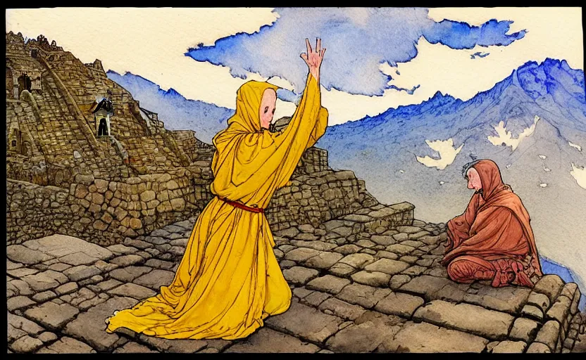 Prompt: a realistic and atmospheric watercolour fantasy concept art of a golden ufo landing on top of a machu pichu. female medieval monk in grey robes kneeling with her hands by her sides. by rebecca guay, michael kaluta, charles vess and jean moebius giraud