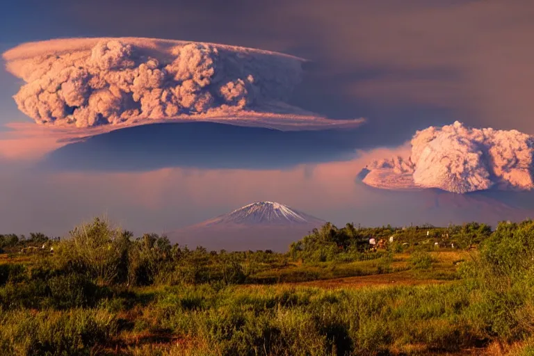 Image similar to peaceful sunny landscape with burning volcano in center and heavy thunderstorm above it by balaksas