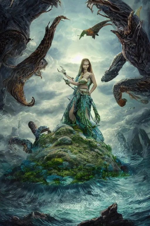 Image similar to A fantasy book style portrait painting of the Great Turtle Island at the center of the Universe, accompanied by a hybrid, Anya_Taylor-Joy, Cory Chase, Eva Green, as a Mystical Valkyrie, Anubis-Reptilian, Atlantean Warrior, François Boucher, Oil Painting, unreal 5, DAZ, hyperrealistic, octane render, Regal, Refined, Detailed Digital Art, RPG portrait, Walt Disney (1937), William-Adolphe Bouguereau, Michael Cheval, Steampunk, Volumetric Golden dappled dynamic lighting, Highly Detailed, Cinematic Lighting, Unreal Engine, 8k, HD