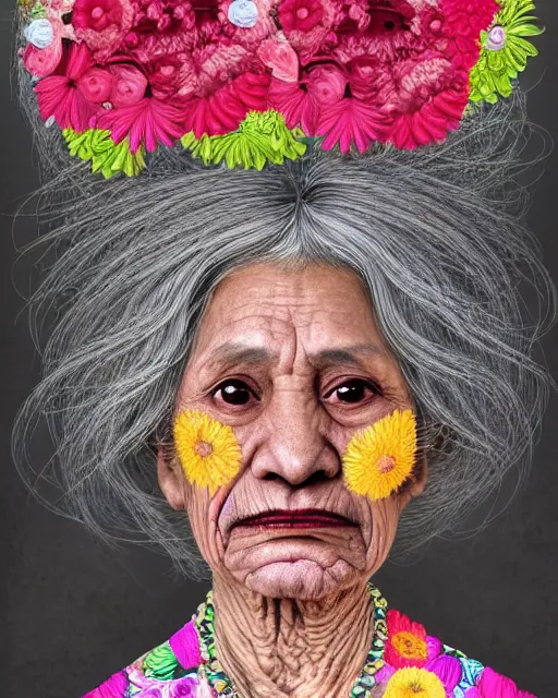 Image similar to a portrait of a beautiful fleshy old mexican woman who is surprised she is still alive, covered in flowers in the style of guiseppe arcimboldo and james jean, covered in wispy gray hair with a hint of neon, mixed media, hd, 3 d