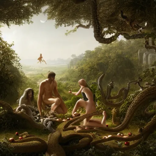 Prompt: God angy in the Garden of Eden. Adam and Eve look very guilty and the snake is leaving the scene quietly - Matte painting , detailed painting, made by Greg Rutkowski, 4k resolution, atmospheric, breathtaking