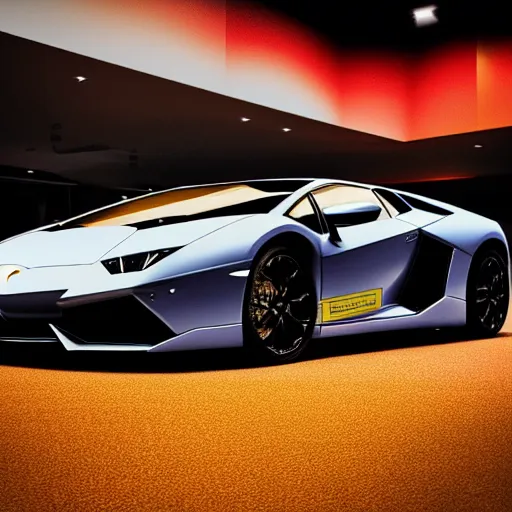 Image similar to photography of lamborghini car in the museum of luxury, photorealism, vhs filter,