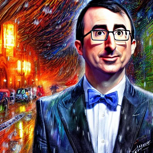 Prompt: John oliver in the rain, artstation, concept art, sharp focus, matte painting, hyper detailed, hyper realistic, art by Josephine wall