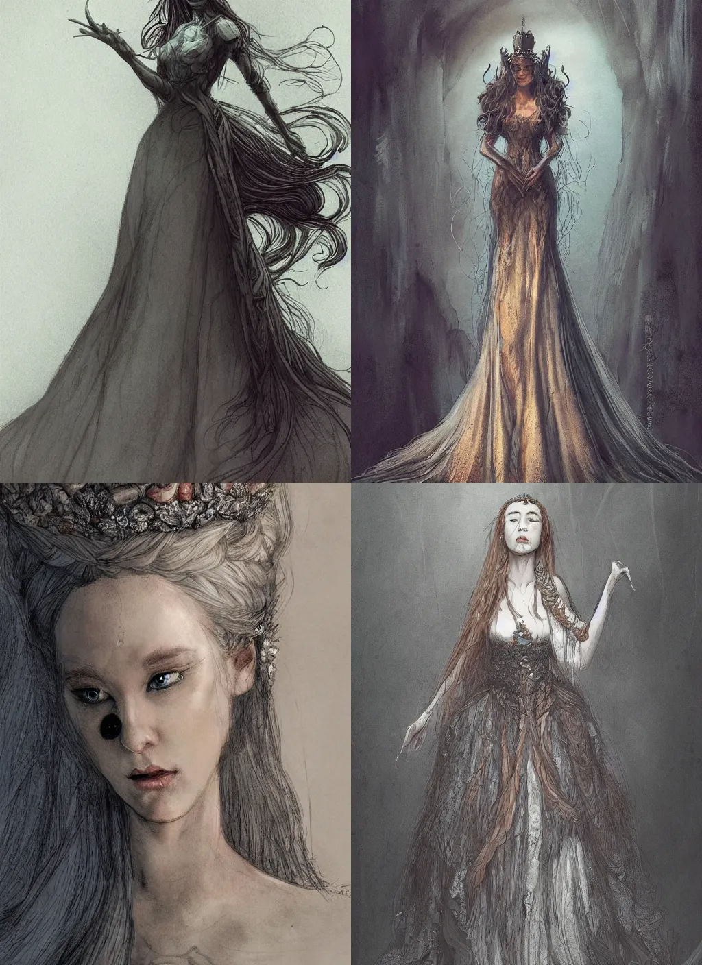 Prompt: full view of a queen with a dress and long hairs in alan lee and marc simonetti and emil melmoth style , cinematic lighting