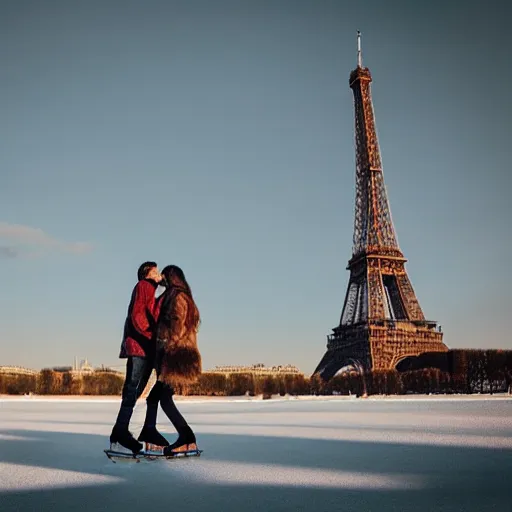 Image similar to extreme long shot, landscape, man and woman with long brown hair ice skating in front of eiffel tower, soft lighting, soft aesthetic, cool pallet, soft focus