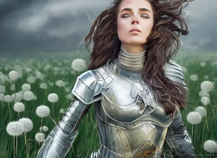 Prompt: a knightess kneeling on a field of dandelions, dramatic, wonderful shading, realistic perfect face, concept art, dynamic pose, digital illustration, trending on artstation, intricate details, epic composition, sharp focus, 8 k uhd, masterpiece, wlop, ross draws