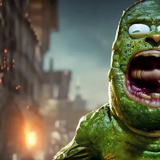 Image similar to pickle rick as superman! in gears of war, splash art, movie still, detailed face, photorealistic facial features, cinematic lighting, dramatic, octane render, long lens, shallow depth of field, bokeh, anamorphic lens flare, 8 k, hyper detailed, 3 5 mm film grain